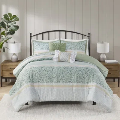 Madison Park Caralie 5 Piece Seersucker Comforter Set With Throw Pillows In Green,white