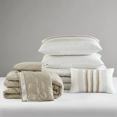 Madison Park Carolina 7 Piece Stripe Comforter And Quilt Set In Taupe