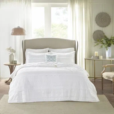 Madison Park Celeste 4 Piece Microfiber Reversible Ruffle Quilt Set With Throw Pillow In White