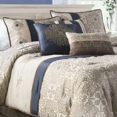 Madison Park Donovan 7 Piece Jacquard Comforter Set With Throw Pillows In Navy