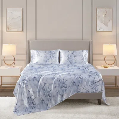 Madison Park Essentials Printed Satin Luxury Sheet Set In Blue Marble