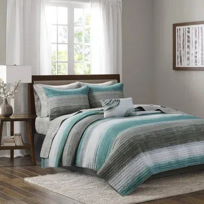 Madison Park Essentials Saben Microfiber Quilt Set With Cotton Bed Sheets In Aqua