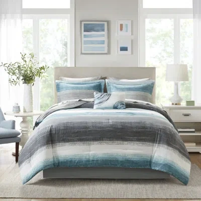 Madison Park Essentials Saben Striped Comforter Set With Cotton Bed Sheets In Aqua,gray
