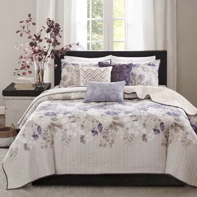 Madison Park Floral 6 Piece Quilt Set With Throw Pillows In Taupe