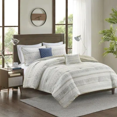 Madison Park Fraser 5 Piece Printed Seersucker Comforter Set With Throw Pillows In Taupe,blue