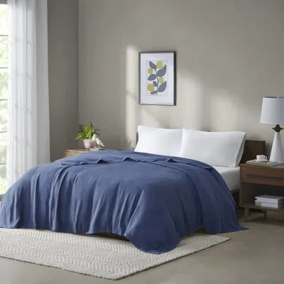 Madison Park Freshspun Basketweave 100% Cotton Lightweight Cozy Blanket In Navy