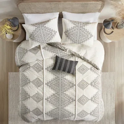 Madison Park Ibiza 4 Piece Printed Duvet Cover Set With Throw Pillow In Black,ivory