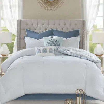Madison Park Isla 8 Piece Reversible Cotton Floral Comforter Set In Blue