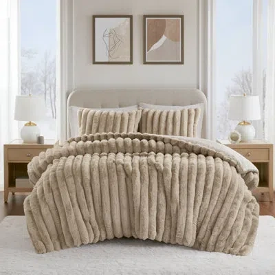 Madison Park Jasmine 3 Piece Ultrasoft Faux Fur Ribbed Comforter Set In Taupe