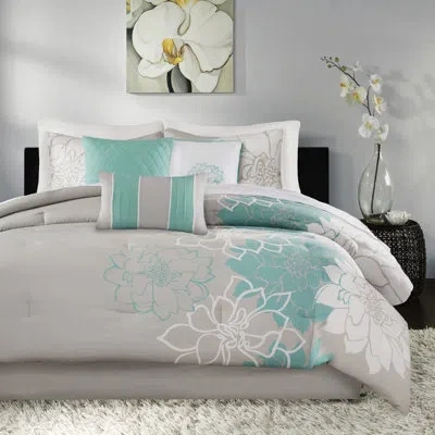 Madison Park Lola 7 Piece Floral Cotton Comforter Set In Aqua