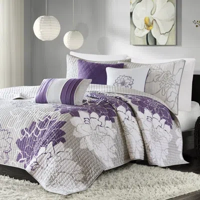 Madison Park Lola Floral 6 Piece Reversible Cotton Quilt Set In Purple
