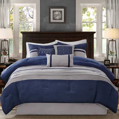 Madison Park Palmer Blue And Gray Pieced Faux Suede Cal King 7-piece Comforter Set