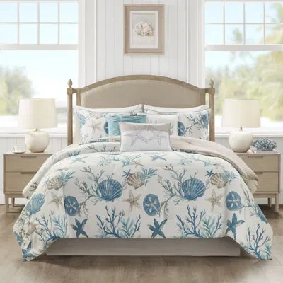 Madison Park Pebble Beach 7 Piece Cotton Sateen Comforter Set In Aqua,beige