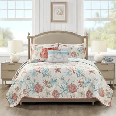 Madison Park Pebble Beach Cotton Sateen 210 Tc Reversible 6 Piece Quilt Set With Throw Pillows In Coral,pink