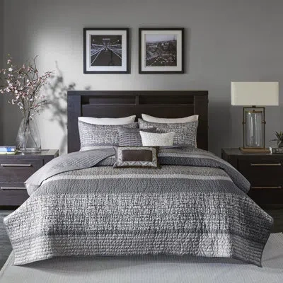 Madison Park Rhapsody 6 Piece Reversible Jacquard Quilt Set With Throw Pillows In Gray