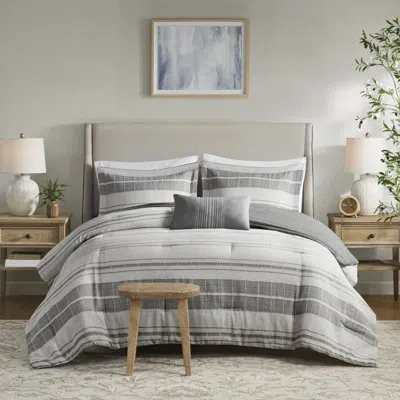 Madison Park Rhodes Cotton Blend Striped Comforter Set With Throw Pillow In Grey,multi