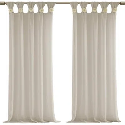 Madison Park Rosette Floral Embellished Cuff Tab Top Solid Single Curtain Panel In Linen
