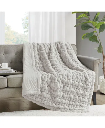 Madison Park Ruched Reversible Faux-fur Throw, 50" X 60" In Silver Grey