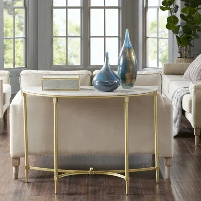 Madison Park Signature Bordeaux Marble Top Half-moon Gold Metal Console Table In White,gold
