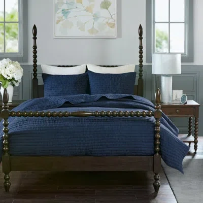 Madison Park Signature Serene 3 Piece Hand Quilted Cotton Quilt Set In Blue