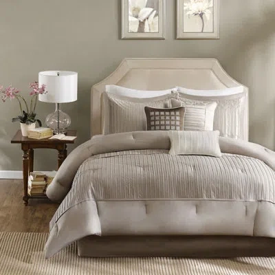 Madison Park Trinity 7 Piece Polyester Charmeuse Comforter Set In Taupe