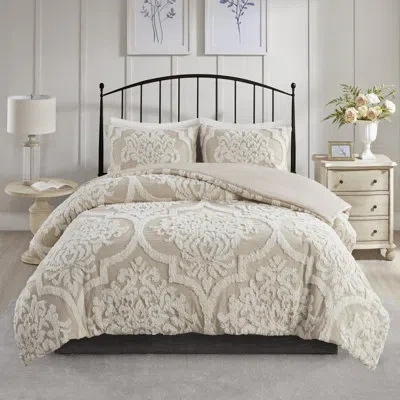 Madison Park Viola Tufted Cotton Chenille Damask 3 Piece Comforter Set In Taupe