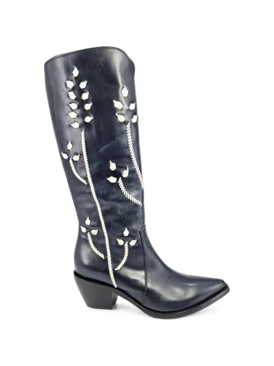 Madison.maison Tall Floral-embroidery Boots In Blue