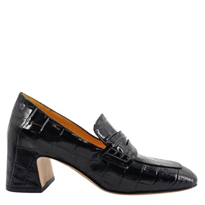 Madison.maison Women's Black Leather Heel Moc Croc Leather Loafer.