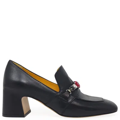 Madison.maison Women's Black Leather Mid Heel Jeweled Loafer