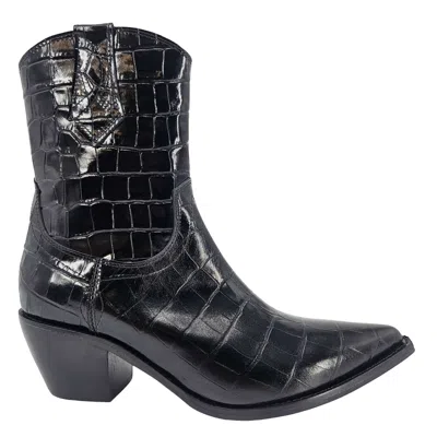 Madison.maison Women's Black Leather Moc Croc Embossed Pointy Ankle Boot
