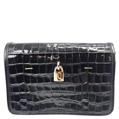Madison.maison Women's Black Leather Moc Croc Small Crossbody