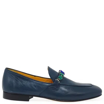 Madison.maison Women's Blue Leather Flat Jeweled Loafer