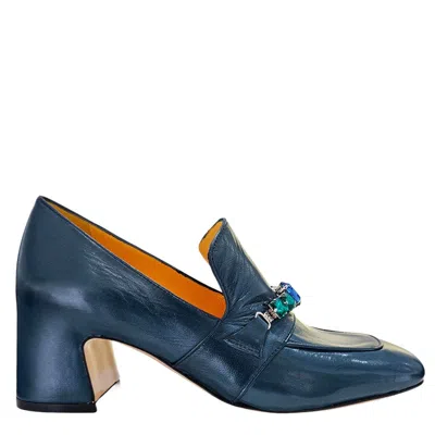 Madison.maison Women's Blue Navy Leather Mid Heel Jeweled Loafer