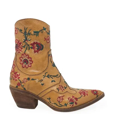 Madison.maison Women's Brown Tan Leather Embroidered Ankle Boot