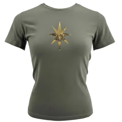 Madison.maison Women's Green Bandana Girl With Globe Khaki T-shirt