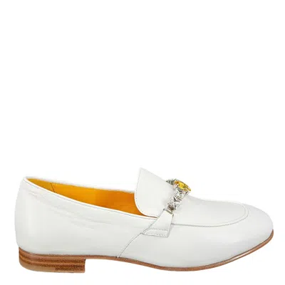 Madison.maison Women's White Leather Flat Jeweled Loafer