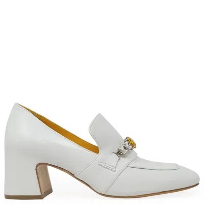 Madison.maison Women's White Leather Mid Heel Jeweled Loafer