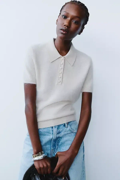Maeve 100% Brushed Cashmere Polo Sweater In White