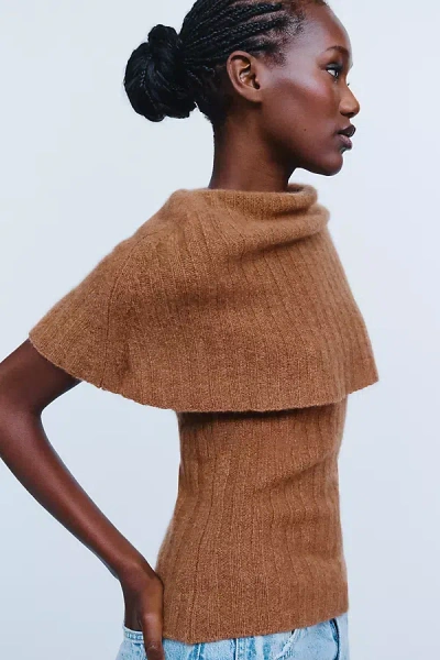 Maeve 100% Cashmere Cowl Cape Sweater In Brown