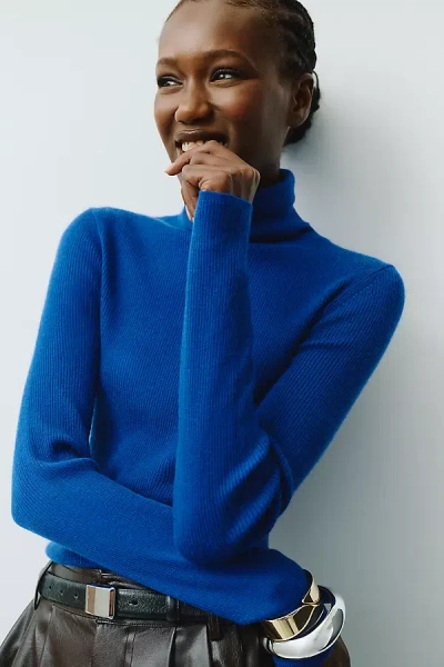 Maeve 100% Cashmere Ribbed Turtleneck Top In Blue