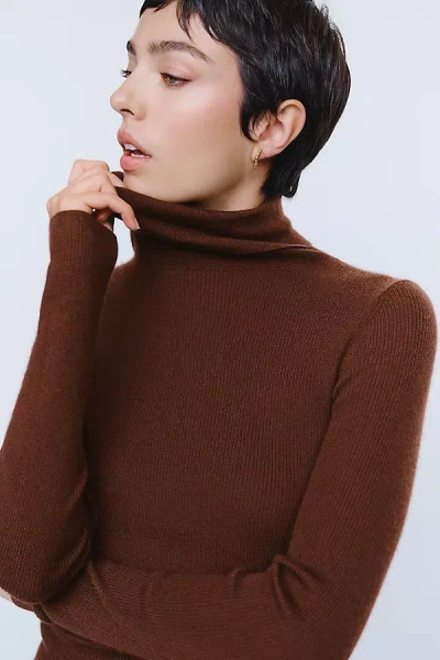 Maeve 100% Cashmere Ribbed Turtleneck Top In Brown