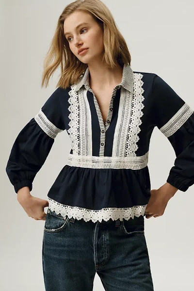 Maeve 100% Cotton Lace Placket Blouse In Blue