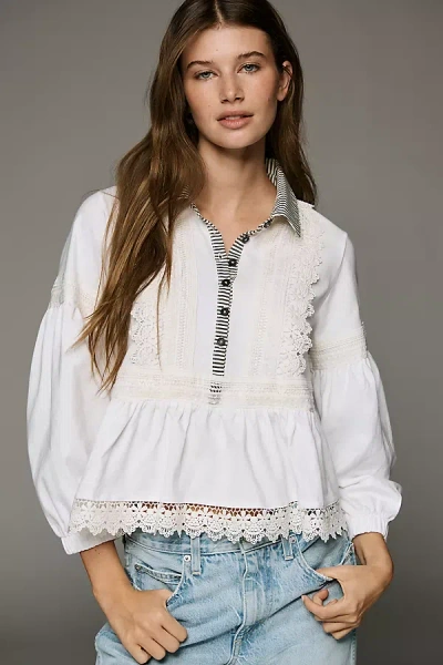 Maeve 100% Cotton Lace Placket Blouse In White