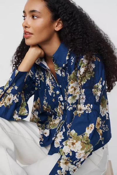 Maeve 100% Cotton Long-sleeve Smocked Shirt In Multi