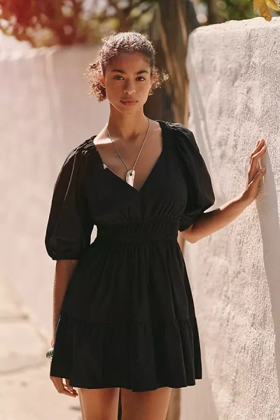 Maeve 100% Cotton Puff-sleeve Smocked A-line Mini Dress In Black