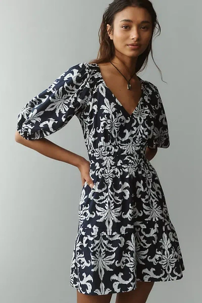 Maeve 100% Cotton Puff-sleeve Smocked A-line Mini Dress In Blue