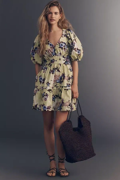 Maeve 100% Cotton Puff-sleeve Smocked A-line Mini Dress In Green