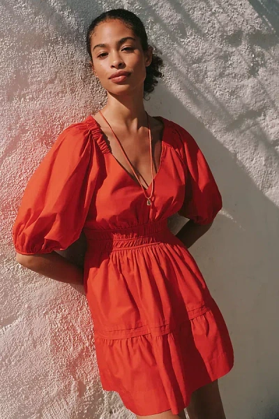 Maeve 100% Cotton Puff-sleeve Smocked A-line Mini Dress In Red