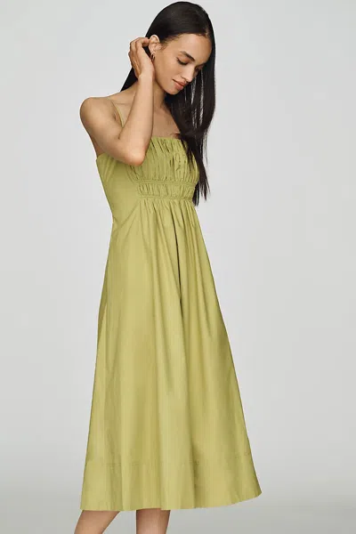 Maeve 100% Cotton Ruched Midi Dress In Green
