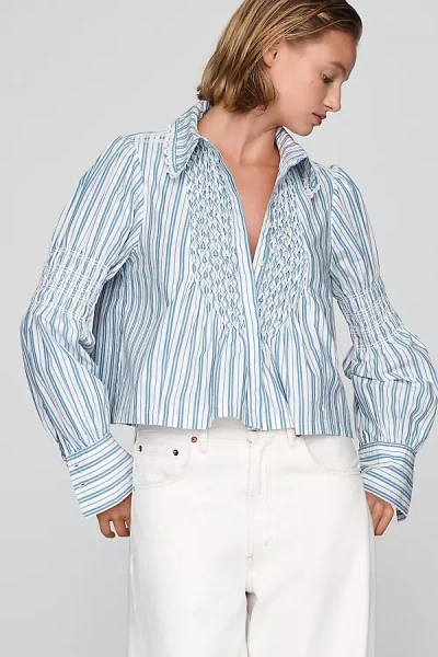 Maeve 100% Cotton Smocked Buttondown Shirt In Blue